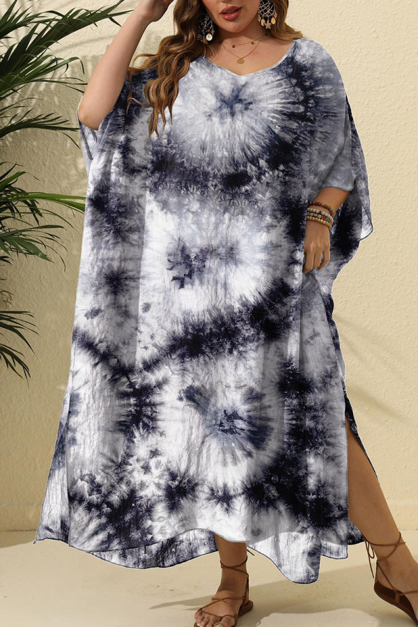 Grey Sexy Print Tie Dye Patchwork Slit Swimwears Cover Up