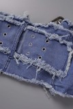 Blue Sexy Street Solid Make Old Patchwork Strapless Sleeveless Two Pieces