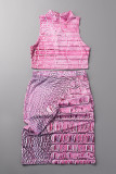 Pink Sexy Print Slit O Neck Sleeveless Two Pieces