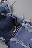 Blue Sexy Street Solid Make Old Patchwork Strapless Sleeveless Two Pieces