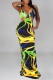 Yellow Sexy Print Backless Spaghetti Strap Long Dress Dresses