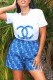 Blue Casual Letter Embroidered O Neck Short Sleeve Two Pieces