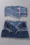 Blue Sexy Street Solid Make Old Patchwork Strapless Sleeveless Two Pieces