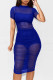 Blue Sexy Solid Patchwork See-through Fold O Neck Pencil Skirt Dresses(Three Pieces)