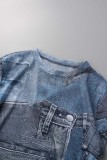 Blue Sexy Street Print Patchwork O Neck Short Sleeve Two Pieces