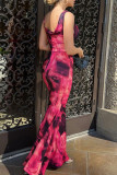 Rose Red Sexy Print Patchwork Square Collar Long Dress Dresses