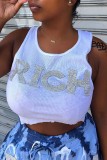 White Sexy Casual Letter Hot Drilling Asymmetrical O Neck Tops