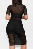 Blue Sexy Solid Patchwork See-through Fold O Neck Pencil Skirt Dresses(Three Pieces)