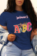 Navy Blue Casual Daily Print Patchwork Letter O Neck T-Shirts