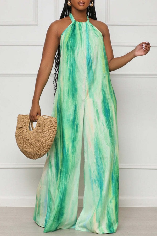 Green Casual Print Bandage Backless Halter Regular Jumpsuits