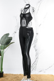 Black Sexy Patchwork Solid Bandage Hollowed Out See-through Backless Halter Skinny Jumpsuits