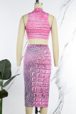 Pink Sexy Print Slit O Neck Sleeveless Two Pieces