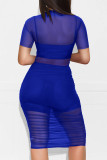 Blue Sexy Solid Patchwork See-through Fold O Neck Pencil Skirt Dresses(Three Pieces)