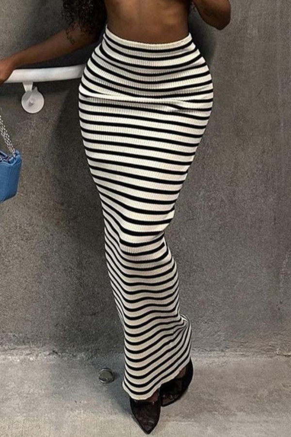 Black White Casual Striped Print Basic Skinny High Waist Conventional Full Print Skirt