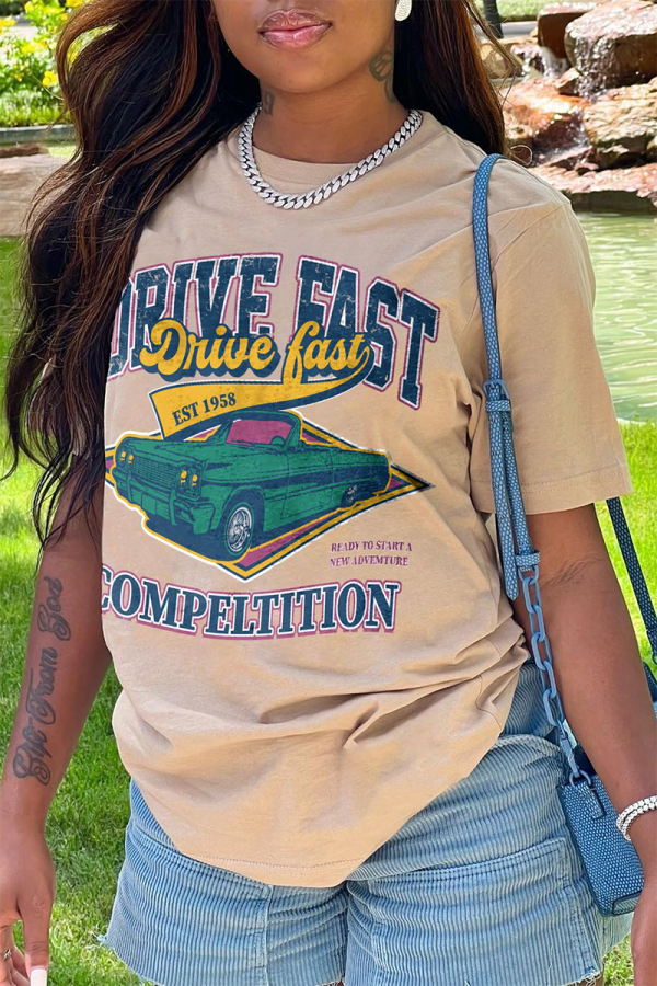 Khaki Casual Print Patchwork O Neck T-Shirts