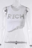 White Sexy Casual Letter Hot Drilling Asymmetrical O Neck Tops