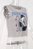 Grey Casual Print Basic O Neck Tops