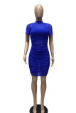 Blue Sexy Solid Patchwork See-through Fold O Neck Pencil Skirt Dresses(Three Pieces)