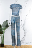 Blue Sexy Street Print Patchwork O Neck Short Sleeve Two Pieces