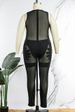 Black Sexy Solid Patchwork See-through Mesh O Neck Skinny Jumpsuits