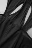 Black Sexy Patchwork Solid Bandage Hollowed Out See-through Backless Halter Skinny Jumpsuits