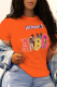 Orange Casual Daily Print Patchwork Letter O Neck T-Shirts