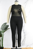 Black Sexy Solid Patchwork See-through Mesh O Neck Skinny Jumpsuits