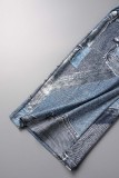 Blue Sexy Street Print Patchwork O Neck Short Sleeve Two Pieces