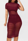 Blue Sexy Solid Patchwork See-through Fold O Neck Pencil Skirt Dresses(Three Pieces)