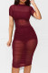 Burgundy Sexy Solid Patchwork See-through Fold O Neck Pencil Skirt Dresses(Three Pieces)