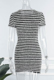Brown Casual Striped Patchwork O Neck Short Sleeve Dress