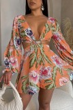 Cyan Casual Print Hollowed Out Patchwork V Neck Regular Romper