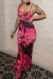 Rose Red Sexy Print Patchwork Square Collar Long Dress Dresses