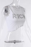 White Sexy Casual Letter Hot Drilling Asymmetrical O Neck Tops