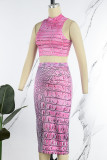 Pink Sexy Print Slit O Neck Sleeveless Two Pieces