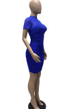 Blue Sexy Solid Patchwork See-through Fold O Neck Pencil Skirt Dresses(Three Pieces)