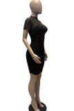 Blue Sexy Solid Patchwork See-through Fold O Neck Pencil Skirt Dresses(Three Pieces)