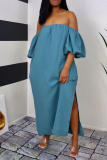Tibetan Blue Sexy Solid Patchwork Off the Shoulder Straight Dresses
