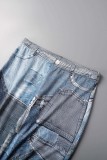 Blue Sexy Street Print Patchwork O Neck Short Sleeve Two Pieces