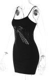 Black Sexy Solid Hollowed Out Patchwork Strapless Pencil Skirt Dresses