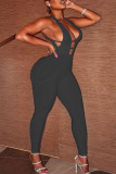 Blue Sexy Solid Hollowed Out Backless Spaghetti Strap Skinny Jumpsuits