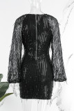 Silver Casual Patchwork Tassel Sequins V Neck Long Sleeve Dresses