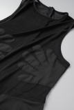 Black Sexy Solid Patchwork See-through Mesh O Neck Skinny Jumpsuits
