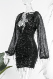 Silver Casual Patchwork Tassel Sequins V Neck Long Sleeve Dresses