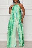 Green Casual Print Bandage Backless Halter Regular Jumpsuits