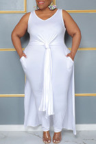 White Casual Solid Patchwork Slit V Neck Plus Size Two Pieces
