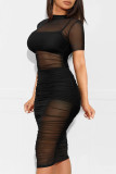 Blue Sexy Solid Patchwork See-through Fold O Neck Pencil Skirt Dresses(Three Pieces)