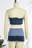 Blue Sexy Street Solid Make Old Patchwork Strapless Sleeveless Two Pieces