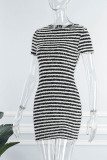 Brown Casual Striped Patchwork O Neck Short Sleeve Dress