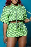 Green Casual Plaid Print Basic Hooded Collar Half Sleeve Two Pieces
